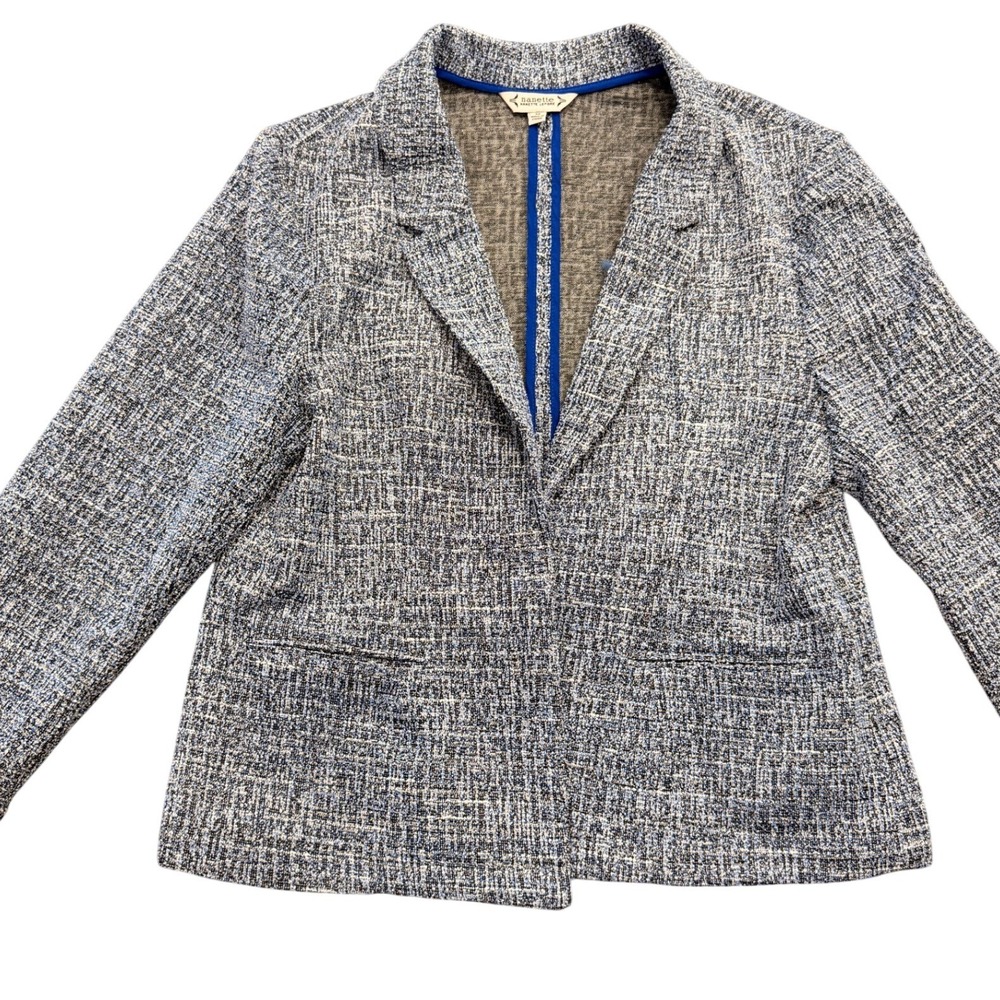 Nanette Lepore Boucle Tweed Blazer Womens Medium Blue White Open Front Jacket